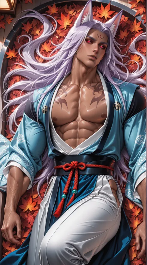 (Sakimichan:0.7),1boy,male, long flowing light purple hair, red sclera/purple eyes, tan skin, A digital illustration of a muscular, anime-style male with pointed fox ears and ornate, traditional Korean clothing, lying amidst autumn leaves with intricate de...