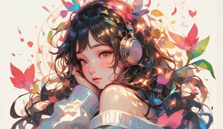   naive art ,  thick brushstrokes  , textura,realistic lights and shadows ,  Vivid  ,  kneeling ,  obra-prima, Side photo .  upper body shot.  SHE HAS TOO BIG EYES ,  thick white sweater .   cable mesh .  listening to music with headphones,Drop your should...