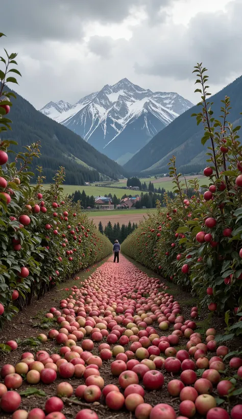 BEAUTIFUL, REALISTIC, MASTERPIECE, 8K, image in perfect 8k resolution quality, impressive, incredible vibrant colors, perfect colors, ultra realistic, a LARGE and real plantation of SUCCULENT RED APPLES, beautiful EUROPEAN landscape, MOUNTAINY field, COLD,...