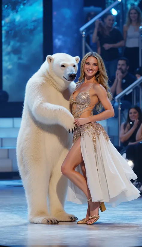  on stage of the “America's Top Model” TV show， A polar bear is dancing with a woman ，She wears a long dress， and dances on her feet with two legs ，Polar bear stands behind her ，They all looked at the camera