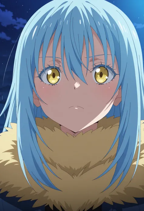 masterpiece, best quality, , anime screencap, anime coloring, , , , 1girl, solo, rimuru_tempest, blue hair, yellow eyes, long hair, bangs, hair between eyes, fur trim, ,
