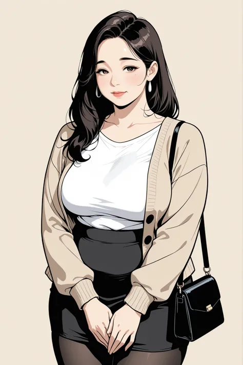 high quality, no background, ((loose hair)), chubby mature Korean woman, ((black pantyhose)), beige cardigan, white shirt, black skirt, Put your hands together, black handbag , Waist Shot,