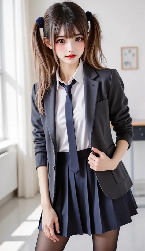 8k, masterpiece, Top Quality, full body, gentle expression, ( black hair), (High Resolution Skin Brightness:1.2), (Very Delicate Face, Very delicious, with hope:1.4、VERY DELICATE DARK EYES , extremely detailed noses,   very detailed mouths), Classroom 、美しい...