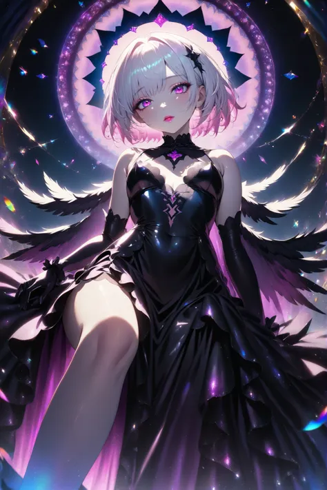 ultra detailed, absolutely resolution, masterpiece, beautiful fallen angel, close-up from below, white glossy silky flowing high layered short hair, lewd expression, seduction, pink lips, captivating eyes, make up, lewd great body proportion, wearing jet b...