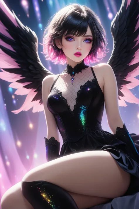 ultra detailed, absolutely resolution, masterpiece, beautiful fallen angel, close-up from below, white glossy silky flowing high layered short hair, lewd expression, seduction, pink lips, captivating eyes, make up, lewd great body proportion, wearing jet b...