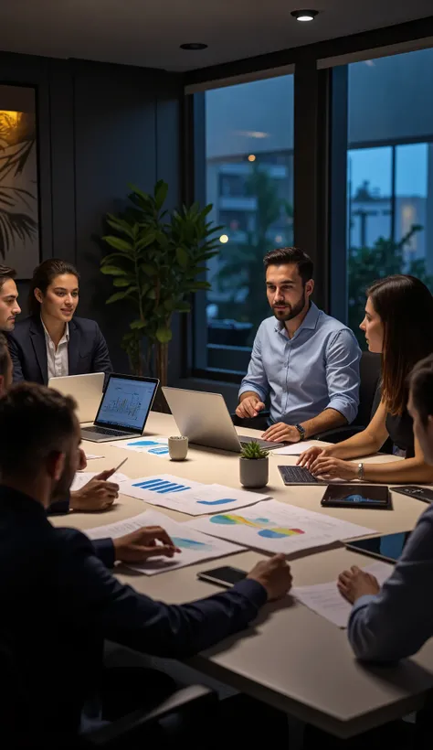 A group of Brazilian business consultants, including a 30-year-old Brazilian man, meeting with a client in a modern corporate office at night, under soft and professional artificial lighting. They are seated around a sleek conference table, analyzing print...