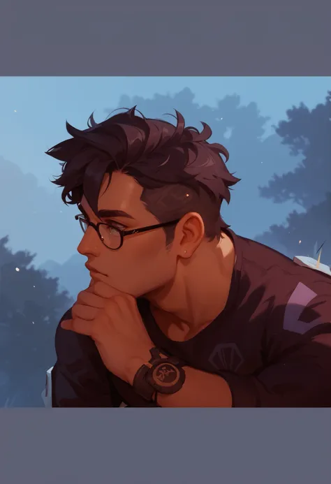 there is a man with glasses sitting on a bench looking at something, 2d portrait, lofi portrait, nft portrait, profile shot, halfbody portrait, stylized portrait, unknown artstyle, distant thoughtful look, lost in thought, thoughtful pose, loish art style,...