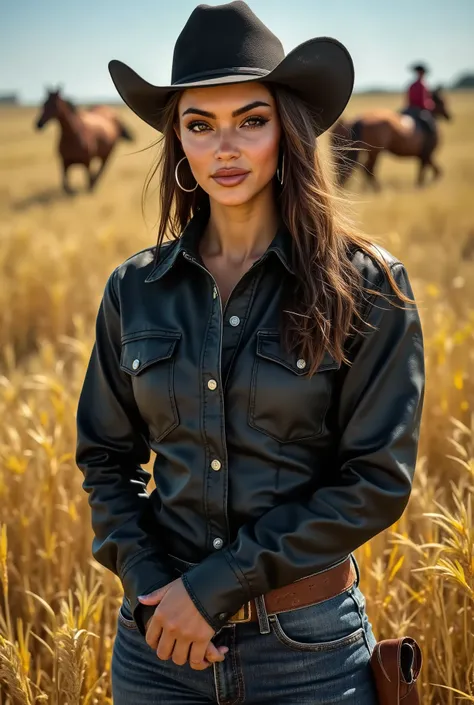 cowgirl wearing a black leather western shirt, long hair, blue jean and a hat standing in a rye field with horses galloping in the background
