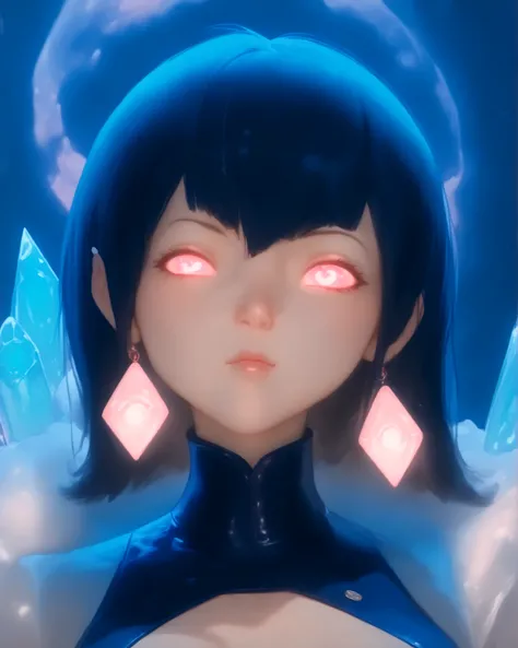 The image depicts a character with short, dark hair featuring bright pink tips. She is wearing a sleek, form-fitting futuristic outfit made from a shiny, reflective material, which is decorated with intricate glowing patterns in shades of blue and pink. Th...