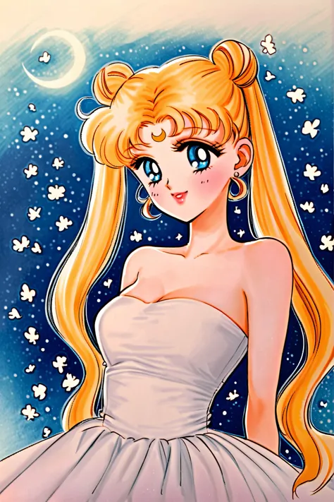 1girl,solo,long hair,facial mark, gold hair,crescent facial mark,twintails,double bun,crescent,hair bun,tsukino usagi,blue eyes,forehead mark,dress,hair ornament,white dress,jewelry,bare shoulders,crescent moon,moon,strapless dress,earrings,strapless,neck,...