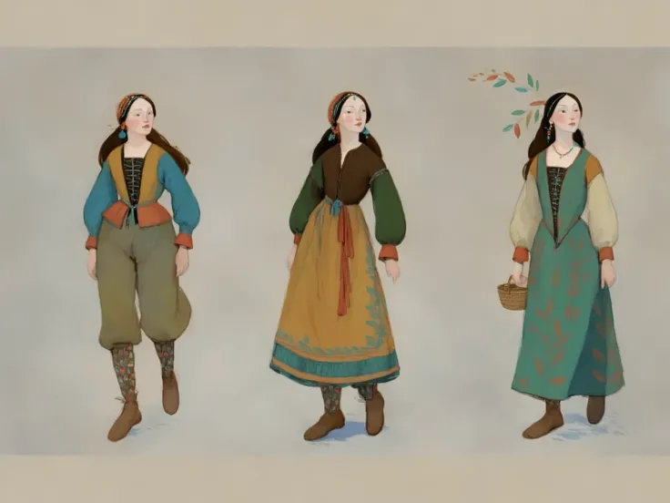 score_9, score_8_up, score_7_up, score_6_up, score_5_up, score_4_up, 1_woman, brow hair, long_hair, wearing a vibrant long peasant medieval dress, detailed clothing, sketches, detailed thick gouache painting, illustration, in gougoupaintleaves style:1.5,