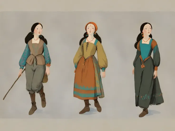 score_9, score_8_up, score_7_up, score_6_up, score_5_up, score_4_up, 1_woman, brow hair, long_hair, wearing a vibrant long peasant medieval dress, detailed clothing, sketches, detailed thick gouache painting, illustration, in gougoupaintleaves style:1.5,