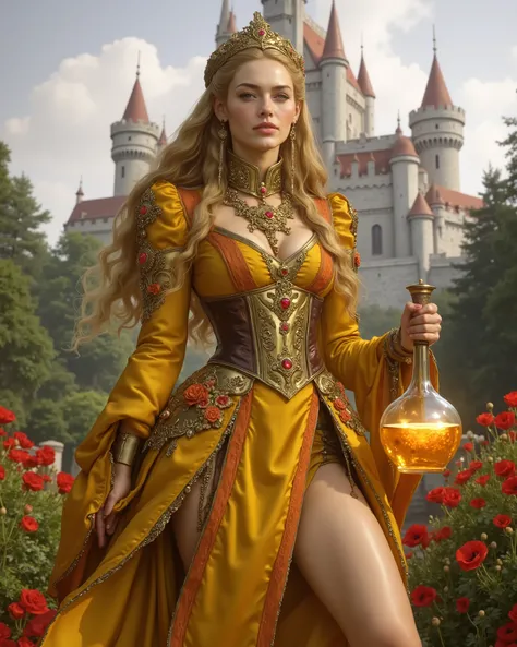 Lena Headey queen with blond long hair, broad-chested, broad shoulders, A full-length image of, she is wearing a beautiful fabulous satin, a tight and smooth yellow dress with orange decorative flowers ribbons and ornaments, with a slit on her leg, gold st...
