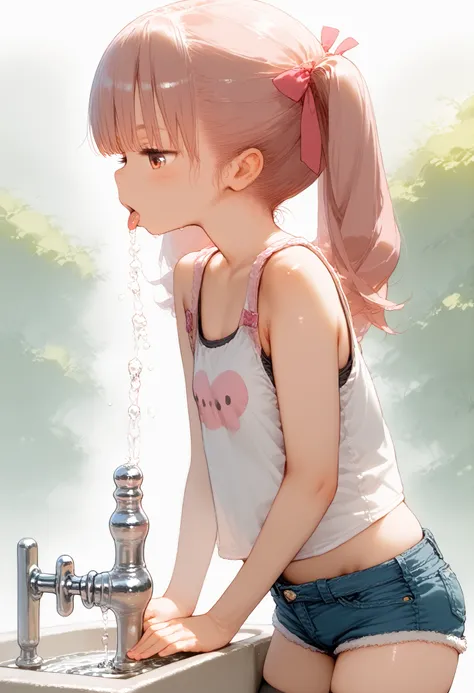D_jirooo , 1girl ,, tanktop , hotpants , twintails , black_hair , flat_chest , pink_striped_thighhighs , drinking_fountain , adjusted_hair , from_side , profile , glancing_at_viewer , tongue_out , leaning_foward,nsfw,