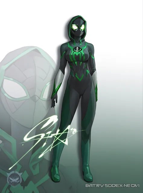 Green eyes, mask,fullbody,bodysuit,1girl, big breasts, spiderman eyes, ,hood, Ben10