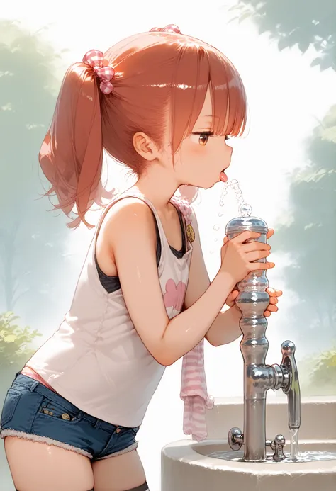 D_jirooo , 1girl ,, tanktop , hotpants , twintails , black_hair , flat_chest , pink_striped_thighhighs , drinking_fountain , adjusted_hair , from_side , profile , glancing_at_viewer , tongue_out , leaning_foward,nsfw,
