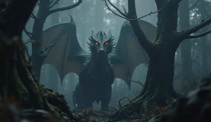 shadowy silhouette of a dragon behind trees, glowing red eyes, wings barely visible in mist, gothic forest, cinematic lighting, dark fantasy