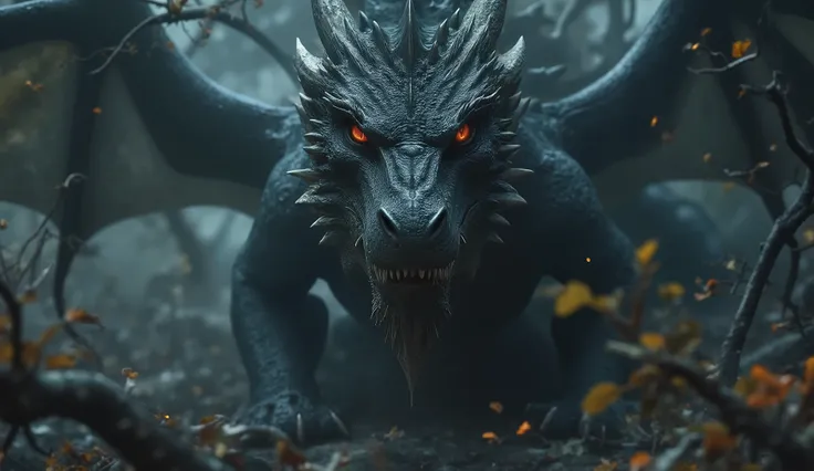 A shadowy silhouette of a dragon looms behind the trees, its glowing red eyes piercing through the mist, wings barely discernible in the gothic forest, illuminated by cinematic lighting, enveloped in dark fantasy.