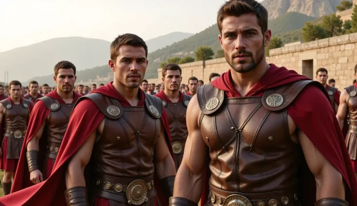 In Ancient Greece, Thracian men dressed in leather armor and red cloaks, equipped for combat. The scene captures the dramatic tension.