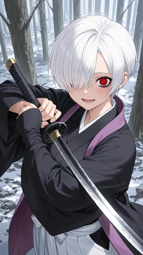 samurai ,
High quality ,  best quality , masterpiece,  High Resolution , anatomically correct,anime Coloring
1girl,solo, Cool woman, handsome woman, beauty in men's clothing
white hair,very short hair, handsome hair,spiked hair,,red eyes, hair over one eye...