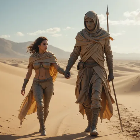 Bedouin who looks like a mummy with a spear in his hands, leads a captive young beautiful princess across the desert, future, Fantasy, The whole body in the frame, Anatomically correct body, Hands and feet don't mix , She has wide hips.., narrow waist, b...