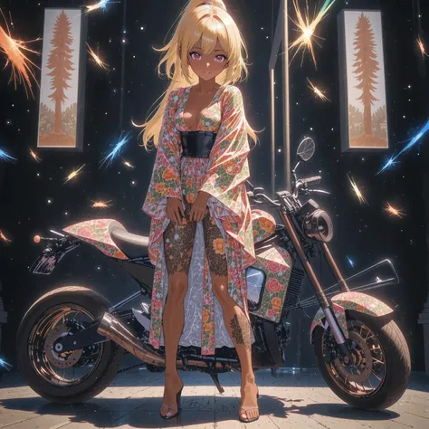 1 girl (motorcycleGirl ) standing beside a motorcycle + night neon street +cyberpunk city + leather long boots、 Japanese kimono , Movie light effect, high resolution, top quality , (kogyaru)