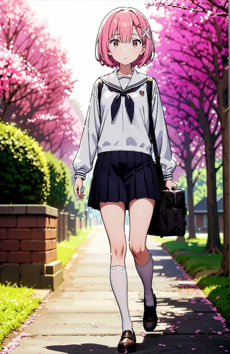 Ram, hair flower, Hair Ornament, hair on one eye, pink hair, Red Eyes, short hair, x Hair Ornament,white sailor suit,long sleeve, black mini pleated skirt ,white thigh high socks,loafers,Student bag 1 :1,cherry blossoms,is walking,morning,full bodyがイラストに入る...