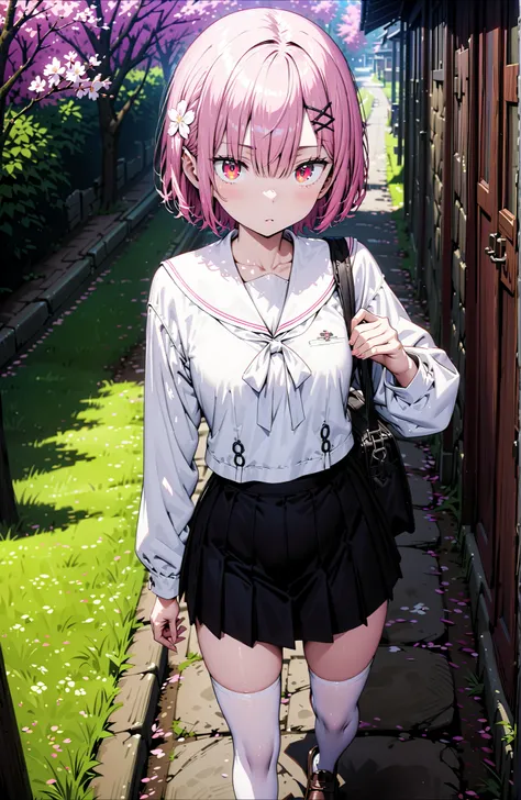Ram, hair flower, Hair Ornament, hair on one eye, pink hair, Red Eyes, short hair, x Hair Ornament,white sailor suit,long sleeve, black mini pleated skirt ,white thigh high socks,loafers,Student bag 1 :1,cherry blossoms,is walking,morning,full bodyがイラストに入る...