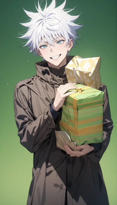 8k,masterpiece,highest quality,Man,alone,Gojo Satoru,smile,white hair,Stick to a big Gift Coated,green background
