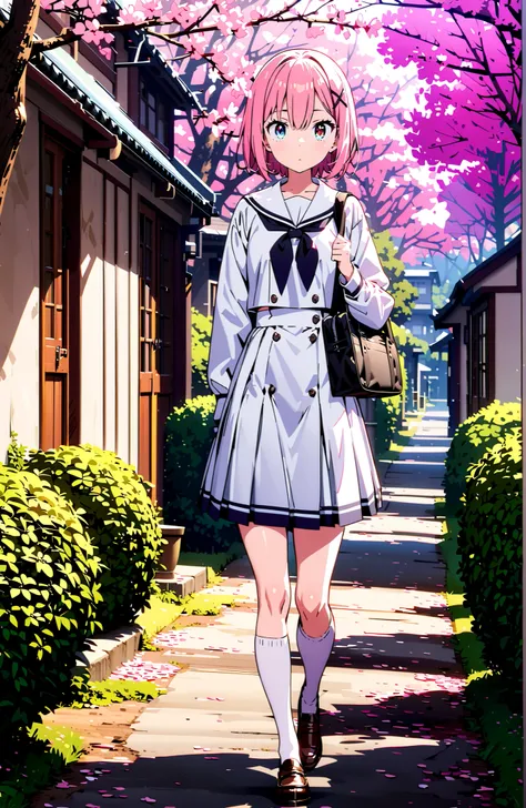Ram, hair flower, Hair Ornament, hair on one eye, pink hair, Red Eyes, short hair, x Hair Ornament,white sailor suit,long sleeve, black mini pleated skirt ,white thigh high socks,loafers,Student bag 1 :1,cherry blossoms,is walking,morning,full bodyがイラストに入る...