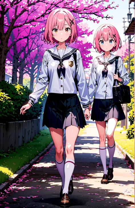 Ram, hair flower, Hair Ornament, hair on one eye, pink hair, Red Eyes, short hair, x Hair Ornament,white sailor suit,long sleeve, black mini pleated skirt ,white thigh high socks,loafers,Student bag 1 :1,cherry blossoms,is walking,morning,full bodyがイラストに入る...