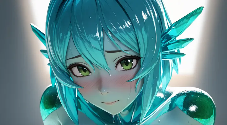 masterpiece, newer ,absurdres, highres,detailed background, a girl,Crystal blue hair,sunlight,portrait,green eyes made of emerald, crystal skin ,3D model, shy, medium breasts, close to pussy, ((extra textured skin), wet pussy, ((gray simple background)) , ...