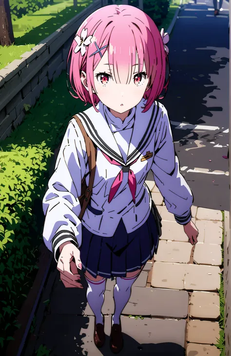 Ram, hair flower, Hair Ornament, hair on one eye, pink hair, Red Eyes, short hair, x Hair Ornament,white sailor suit,long sleeve, black mini pleated skirt ,white thigh high socks,loafers,Student bag 1 :1,cherry blossoms,is walking,morning,full bodyがイラストに入る...