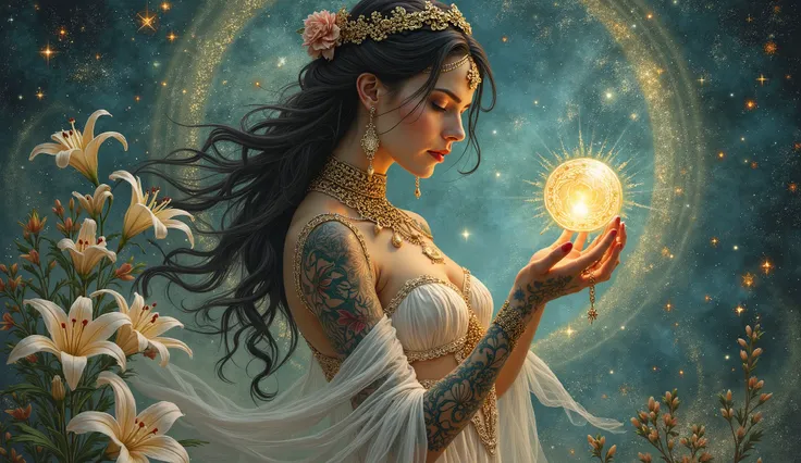 a beautiful tattooed woman as a mystical sorceress. The background is the univers with intricate luminous magical symbols. The figure is posed gracefully with lillies, holding a glowing orb. The art evokes a sense of wonder and enchantment. In the style of...
