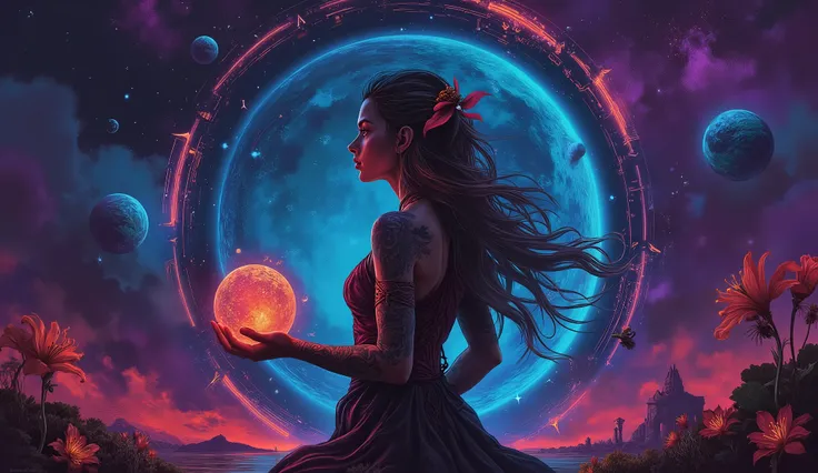 a beautiful tattooed woman as a mystical sorceress. The background is the univers with intricate luminous magical symbols. The figure is posed gracefully with lillies, holding a glowing orb. The art evokes a sense of wonder and enchantment. In the style of...
