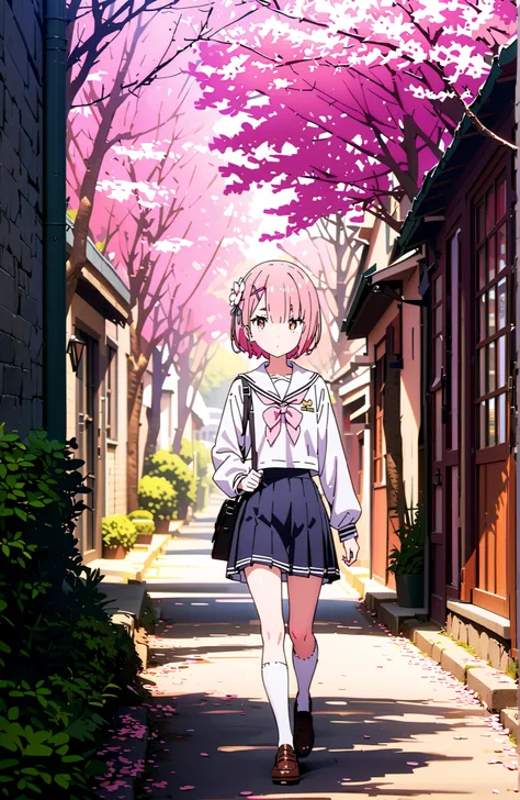 Ram, hair flower, Hair Ornament, hair on one eye, pink hair, Red Eyes, short hair, x Hair Ornament,white sailor suit,long sleeve, black mini pleated skirt ,white thigh high socks,loafers,Student bag 1 :1,cherry blossoms,is walking,morning,full bodyがイラストに入る...