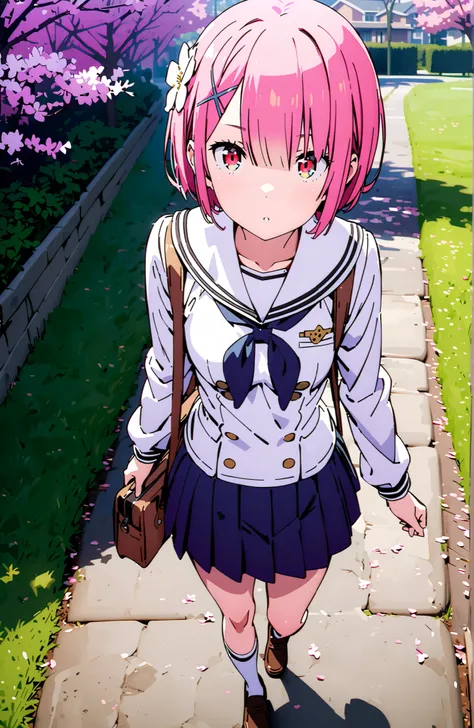Ram, hair flower, Hair Ornament, hair on one eye, pink hair, Red Eyes, short hair, x Hair Ornament,white sailor suit,long sleeve, black mini pleated skirt ,white thigh high socks,loafers,Student bag 1 :1,cherry blossoms,is walking,morning,full bodyがイラストに入る...