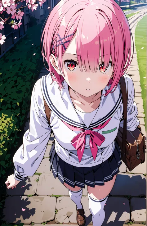 Ram, hair flower, Hair Ornament, hair on one eye, pink hair, Red Eyes, short hair, x Hair Ornament,white sailor suit,long sleeve, black mini pleated skirt ,white thigh high socks,loafers,Student bag 1 :1,cherry blossoms,is walking,morning,full bodyがイラストに入る...