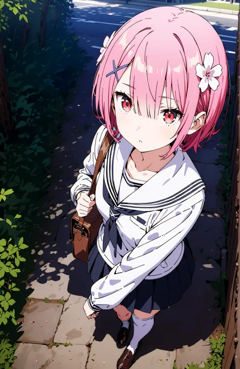 Ram, hair flower, Hair Ornament, hair on one eye, pink hair, Red Eyes, short hair, x Hair Ornament,white sailor suit,long sleeve, black mini pleated skirt ,white thigh high socks,loafers,Student bag 1 :1,cherry blossoms,is walking,morning,full bodyがイラストに入る...