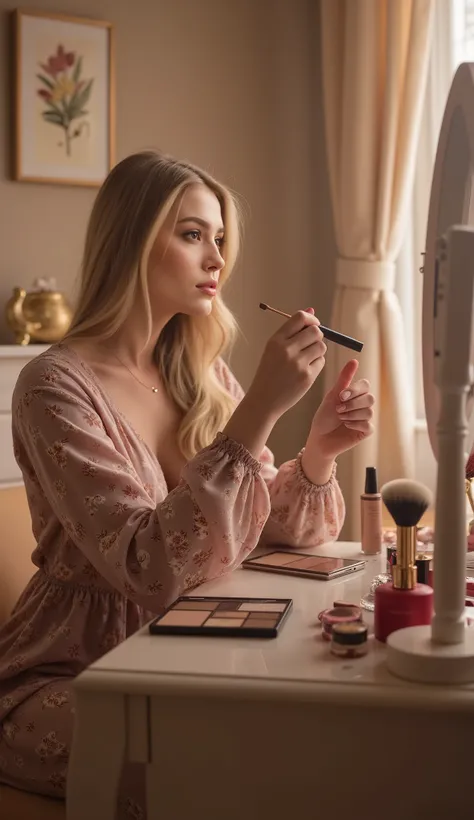 "The woman in the uploaded reference is sitting at a makeup vanity in a cozy, well-lit room. She is applying makeup with precision, holding a makeup brush or lipstick in her hand. The lighting is soft and natural, coming from a nearby window or vanity ligh...