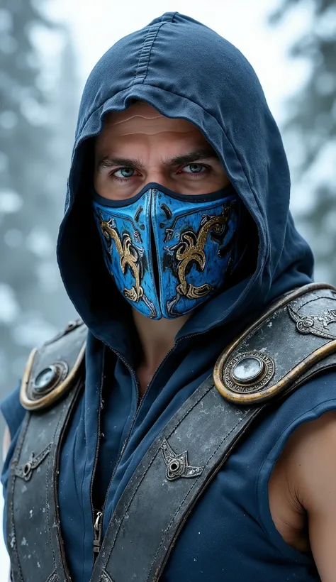 This Henry Cavil as a sub-zero of mk presents an impressive and imposing look. She wears an adorned blue mask closed only around her mouth with gold details and an emblem engraved on the mask and completely metallic, giving an air of mystery and elegance. ...