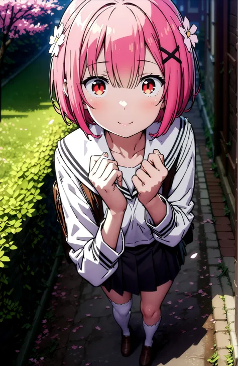 Ram, hair flower, Hair Ornament, hair on one eye, pink hair, Red Eyes, short hair, x Hair Ornament,smile,blush,close your mouth,white sailor suit,long sleeve, black mini pleated skirt ,white thigh high socks,loafers,Student bag 1 :1,cherry blossoms,is walk...