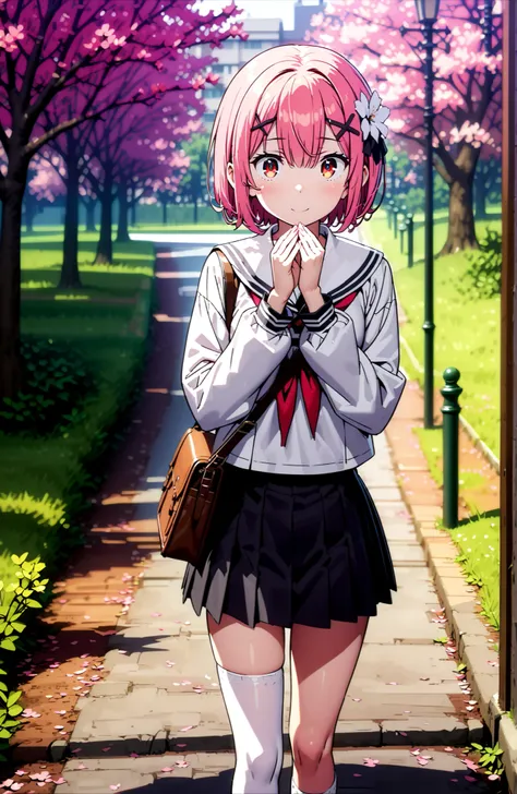 Ram, hair flower, Hair Ornament, hair on one eye, pink hair, Red Eyes, short hair, x Hair Ornament,smile,blush,close your mouth,white sailor suit,long sleeve, black mini pleated skirt ,white thigh high socks,loafers,Student bag 1 :1,cherry blossoms,is walk...