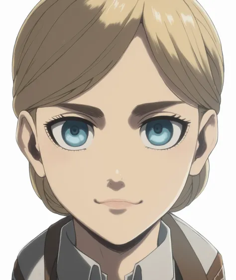 ((Historia Reiss)), nude, small and slim body, blonde, clased mouth, smile, blue eyes, nose, nostrils, ear, detailed hair, detailed body, chest, (very small breasts), nipples, abdomen, (anime 2D style), (((Attack on Titan anime style))), (high quality), ((...