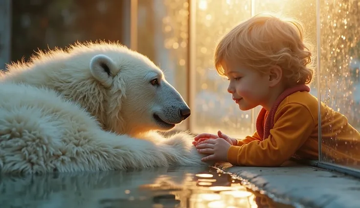 ultra realistic image of Arctic polar bear lying gently in front of glass, looking softly at  who presses hands to glass, Lucas (already adult) next to him, smiling and emotional, bright zoo background, warm golden hour light, emotional reconnection scene ...