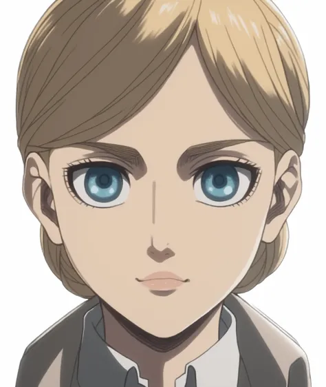 ((Historia Reiss)), nude, small and slim body, blonde, clased mouth, smile, blue eyes, nose, nostrils, ear, detailed hair, detailed body, chest, (very small breasts), nipples, abdomen, (anime 2D style), (((Attack on Titan anime style))), (high quality), ((...