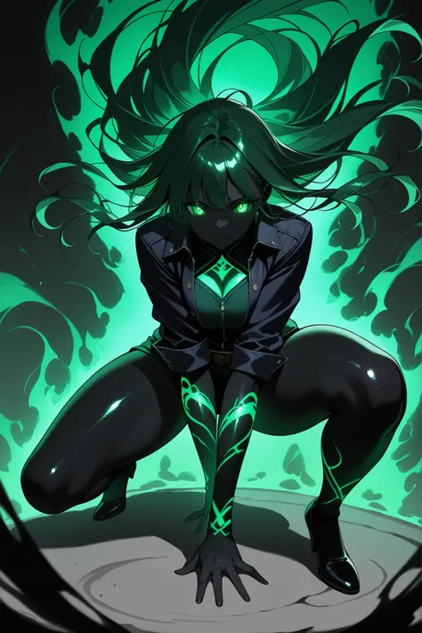 (masterpiece),(absurdres),(ultra detailed),(beautiful detaile),(closeup,snake stance、shadow,green aura、glowing eyes,),(shadow、glowing、aura、black skin、glowing skin、aura skin、mist、void、dark fantasy)、glowing eyes,thick thighs, ethereal, floating hair, totally...