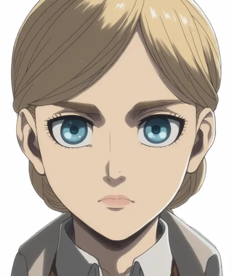((Historia Reiss)), nude, small and slim body, blonde, clased mouth, blue eyes, nose, nostrils, ear, detailed hair, detailed body, chest, (very small breasts), nipples, abdomen, (anime 2D style), (((Attack on Titan anime style))), (high quality), ((detaile...