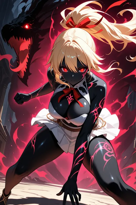 (masterpiece),(absurdres),(ultra detailed),(beautiful detaile),(closeup, fight stance、shadow,bronde aura、glowing eyes,),(shadow、glowing、aura、black skin、glowing skin、aura skin、mist、void、dark fantasy)、glowing eyes,thick thighs, ethereal, floating hair, total...