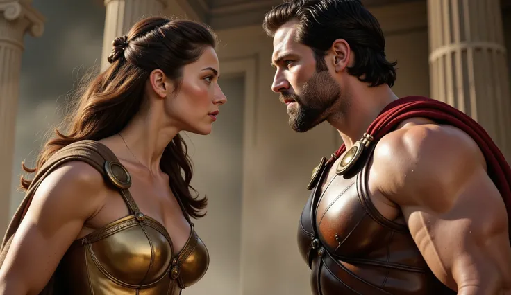 Hercules and Hippolyta standing face-to-face with furious expressions, intensely staring at each other. Hippolyta is wearing golden bronze armor and a brown cloak, exuding strength and royalty. Hercules is dressed in brown leather armor and a red cape, rad...